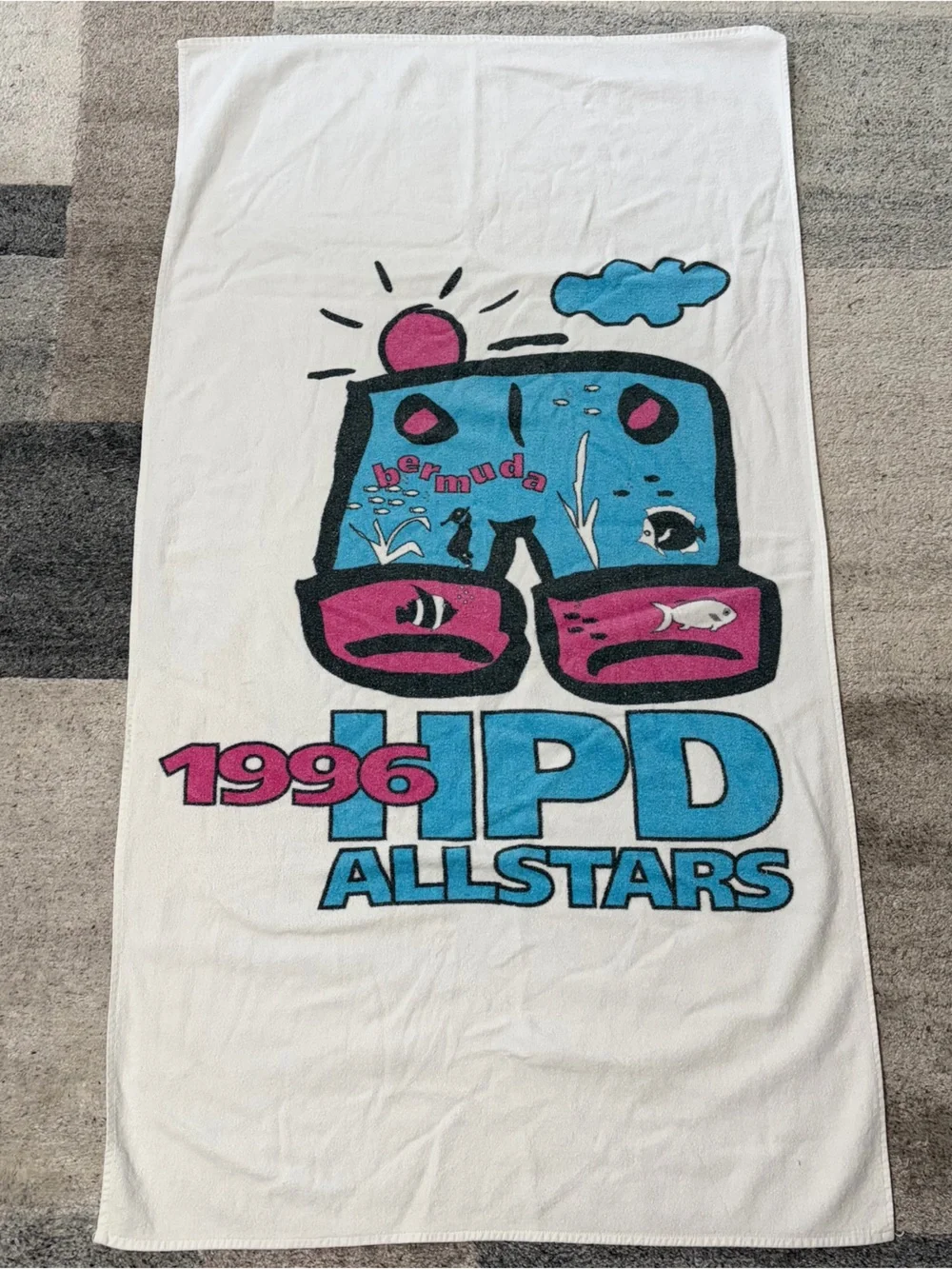 Vintage 1996 Big Hed Designs Bermuda Beach Towel HPD Allstars 90s Promo Pop Art